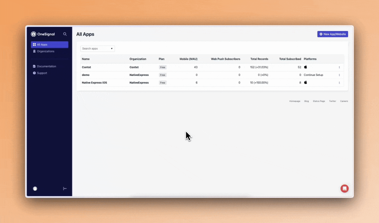 Creating a new app in the OneSignal dashboard