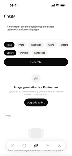 The Create tab showing a prompt field, style preset chips, aspect ratio chips, a Generate button, and the Pro-required upgrade state below