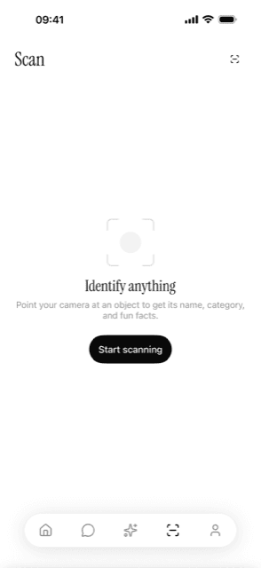 The Scan tab empty state, with a viewfinder illustration, the heading Identify anything, and a Start scanning button