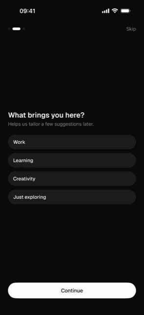 Onboarding step 2, the What brings you here? question with four options